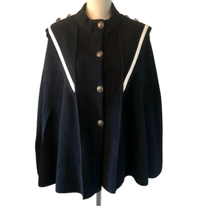 Black Knit Military Style Cape White Faux Leather Trim Vintage Style size small